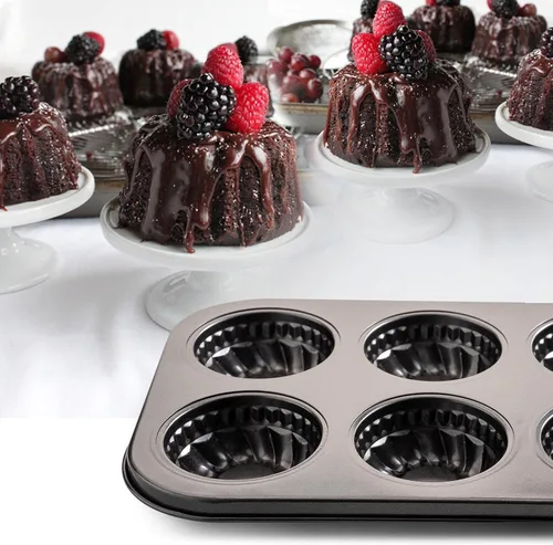 Vista 6 de Yomvzake Mini molde para tartas, 6 cavidades de tubo acanalado para tartas, molde para brownie, molde redondo pequeño para tartas para tartas