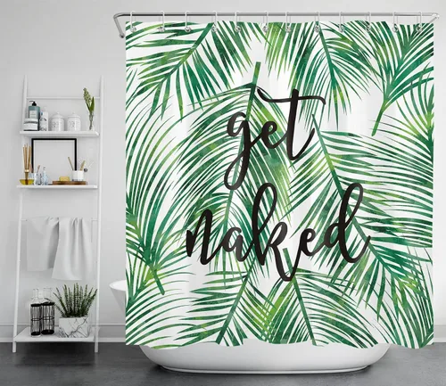 Vista 18 de LB Cortina de ducha de plantas de hojas verdes tropicales, citas divertidas y hojas de palma en cortinas de ducha beige para baño, tela de poliéster