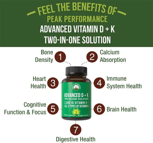 Vista 2 de Peak Performance Vitamina D avanzada de 2000 UI con los 3 tipos de vitamina K, vitamina D3 y vitamina K2, K1, MK-7 (MK7), suplementos MK4 - 60