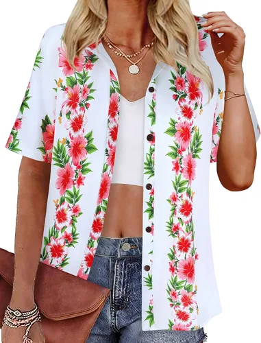 Vista 17 de LILYCHIC Camisas hawaianas de verano con botones de coco para mujer, camisas suaves con botones de manga corta A-hoja floral negra