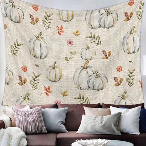 Vista 5 de T&H XHome Tapiz para colgar en la pared, tapices estéticos para dormitorio, Acción de Gracias, calabaza dibujada a mano con hojas, tapiz de pared