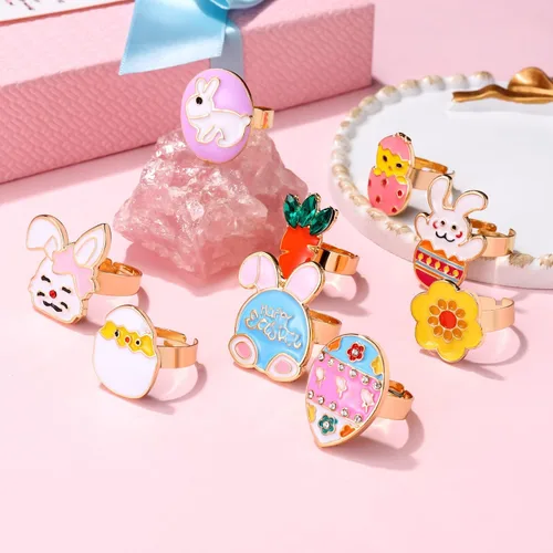 Vista 2 de 9 anillos de Pascua para mujeres y niñas esmaltados bonitos anillos de huevo de conejo zanahoria pollo arco iris ajustable feliz Pascua conejo