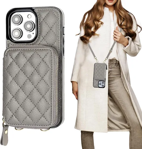 Vista 9 de Bocasal Funda tipo cartera cruzada para iPhone 14 Pro Max, con bloqueo RFID, de piel sintética, con cremallera, funda tipo cartera con función atril