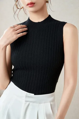 Vista 4 de LINY XIN Chaleco de punto 100% lana merino para mujer, sin mangas, suéter clásico sólido