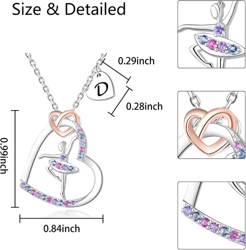 Vista 2 de ACJNA Ballerina Necklace - Sterling Silver - Dance Necklaces for Girls Initial Letter Ballet Jewelry Pendant Rainbow Colorful CZ Heart Silhouette
