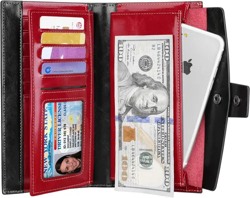 Vista 5 de Itslife Cartera de cuero con bloqueo RFID de gran capacidad para mujer Rojo escarlata Classic