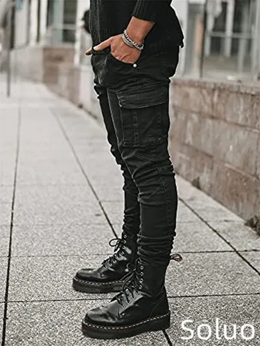 Vista 2 de Pantalones de mezclilla con bolsillo lateral para hombre, ajustados, casuales, hip hop, bolsillos de carga en ángulo, pantalones de mezclilla, Negro