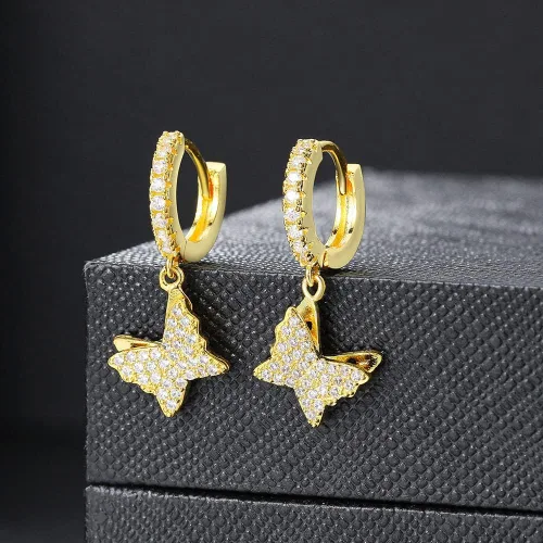 Vista 5 de Aretes colgantes de mariposa para mujer, chapados en oro de 18 quilates, hipoalergénicos, ligeros, circonita cúbica, aretes colgantes para mujeres