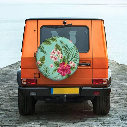 Vista 8 de Funda de repuesto para neumáticos de repuesto con hojas tropicales hawaianas, protección solar, ajuste universal para remolque, RV, SUV, camión