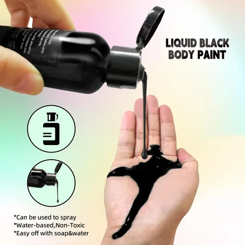 Vista 2 de Go Ho Pintura facial y corporal negra líquida (2.1 onzas), maquillaje negro a base de agua y pintura corporal para aerógrafo maquillaje especial FX