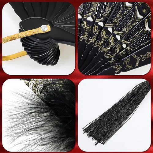 Vista 3 de Namalu - Abanico de plumas bordado, 2 piezas, diseño de marabú de los años 20, plegable, drag queen para mujeres de los años 20, disfraz de fiesta