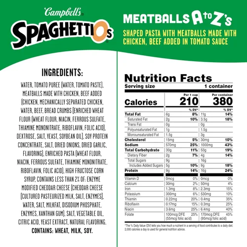 Vista 2 de SpaghettiOs Pasta enlatada con albóndigas A to Z's, lata de 15.6 onzas