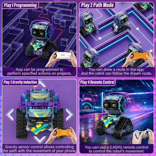 Vista 6 de Kit de construcción de robot STEM, 3 en 1 juguetes robóticos controlados por control remoto y aplicación, set de bloques de construcción de robots