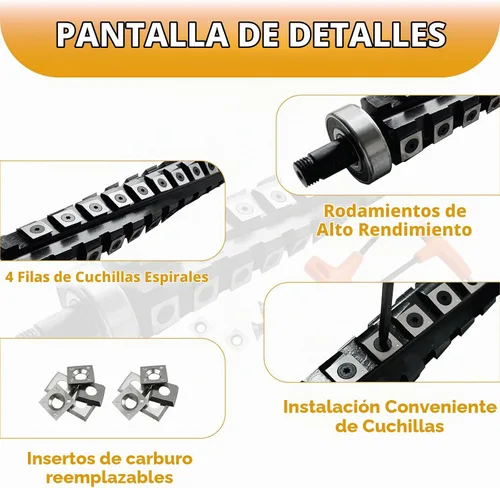 Vista 2 de Cabezal de corte helicoidal en espiral de 13 pulgadas para cepilladora DeWalt DW735 DW735X, cabezal de corte helicoidal, 4 filas, 60 insertos