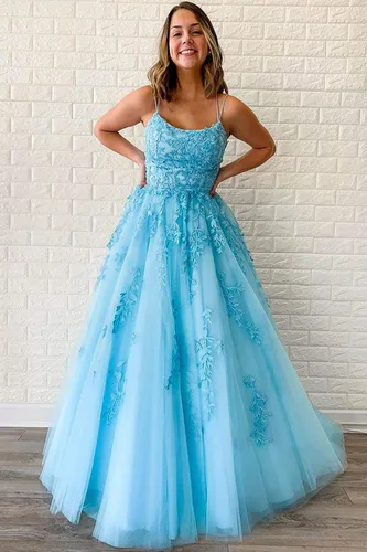 Vista 3 de Vestidos de graduación para mujer, sexy, largo, con apliques de encaje, tirantes delgados, tul acampanado, vestidos de noche formales para fiesta