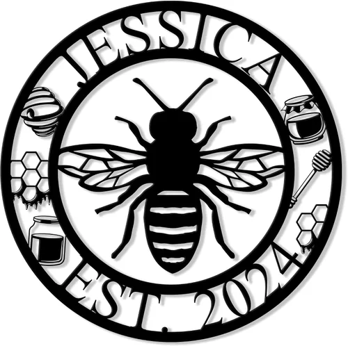 Vista 13 de Letrero de metal personalizado de abeja, cartel colgante de abeja de miel, porche de bienvenida al aire libre, valla de pared con nombre