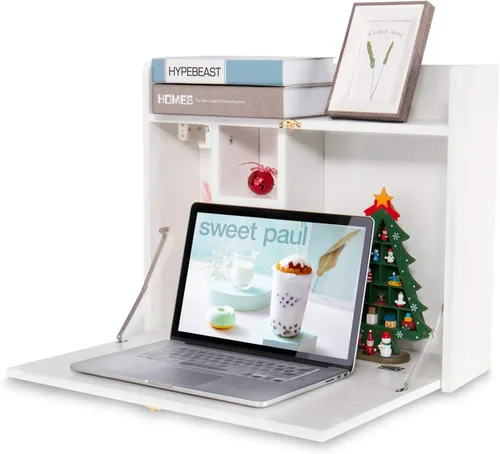 Vista 8 de YU YUSING Mesa montada en la pared, multifuncional, plegable, montado en la pared, escritorio para computadora portátil con compartimentos
