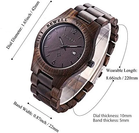 Vista 2 de Bewell W086B - Reloj de pulsera para hombre de madera analógico de cuarzo ligero hecho a mano de madera