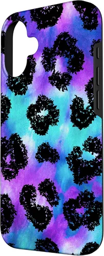 Vista 2 de iPhone 16 Purple Turquoise Black Leopard Tie Dye Print Cheetah Pattern Case