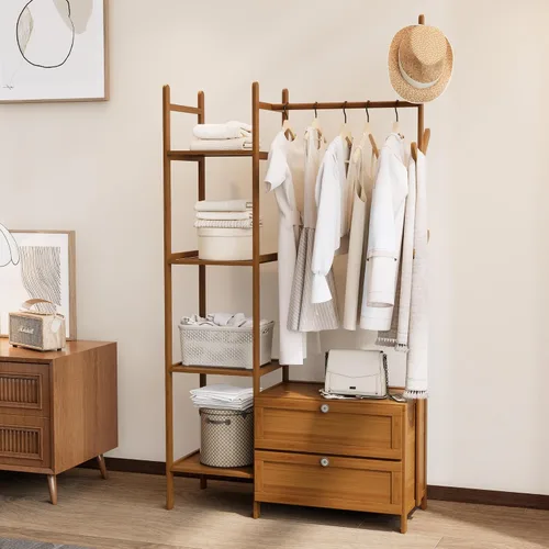 Vista 12 de Perchero de Ropa de Bambú, Perchero con Cajones y Estantes, Estantes de Almacenamiento de 5 Niveles con 6 Ganchos para Colgar, Armario Closet