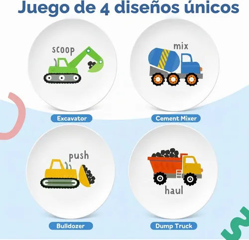 Vista 2 de Tiny Expressions - Placas de construcción para niños pequeños - Juego de 4 platos de melamina para niños - Excavadora, mezcladora de cemento