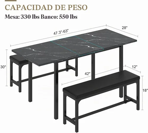 Vista 6 de VECELO Mesa de cocina extensible de 3 piezas de 63 pulgadas con bancos/sillas, moderno juego de desayuno/comedor para 4/6/2, diseño de ahorro