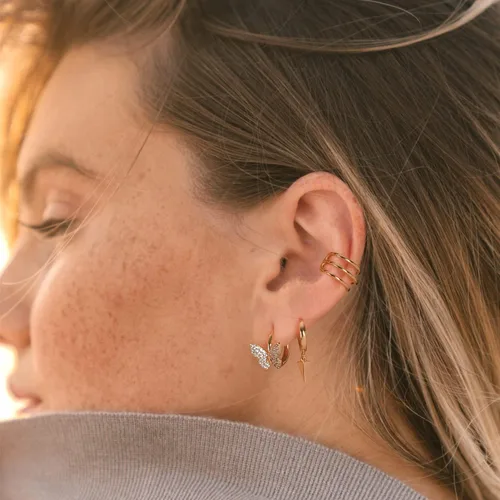 Vista 2 de VACRONA - Aretes tipo arracadas para mujer, chapados en oro de 14 quilates, diseño de aro de arracada