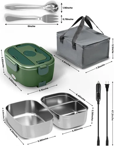 Vista 7 de Lonchera eléctrica para adultos, lonchera de 80 W con doble contenedor de acero inoxidable de 1.5 L, calentador de alimentos portátil con bolsa