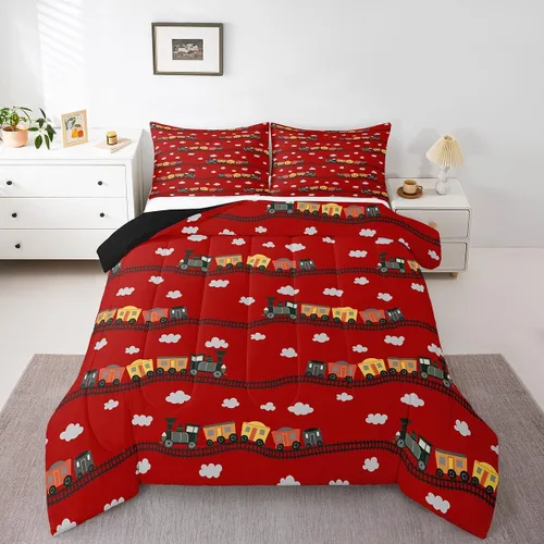 Vista 8 de Erosebridal Juego de edredón de tren de locomotora para niños, tamaño individual, lindo juego de ropa de cama con motor de vapor para niños y niñas