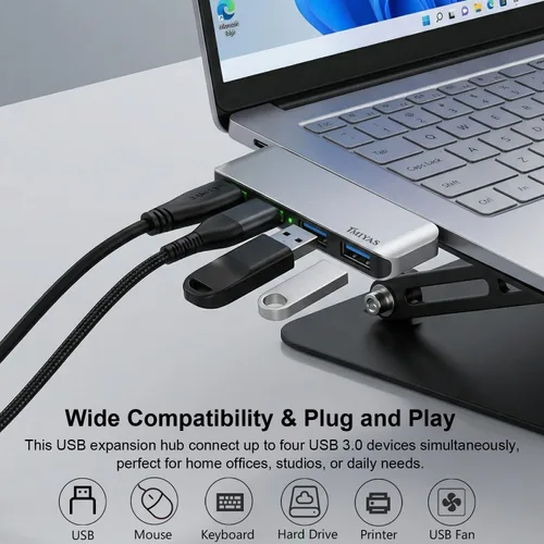 Vista 6 de Hub USB 3.0 del lado izquierdo, divisor USB sin cable de 4 puertos para laptop, diseño de enchufe directo, compatible con MacBook, portátiles