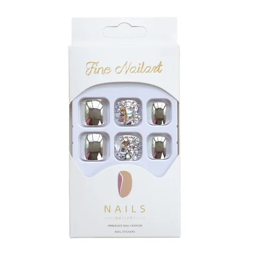 Vista 2 de MISUD Uñas a presión – Uñas adhesivas para los dedos con cromo plateado, uñas acrílicas con diseño de diamantes de imitación, 24 piezas