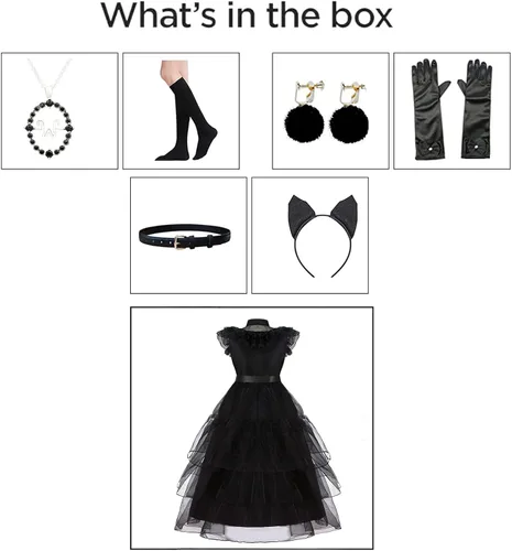 Vista 2 de YUEGOO Wednesday Addams - Disfraz para niñas, disfraz de la familia Addams, vestido de fiesta de disfraces de Halloween con accesorios de 3 a 12 años