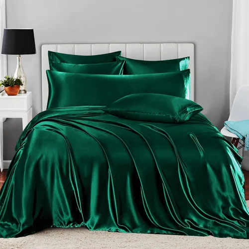 Vista 2 de Homiest Juego de sábanas de satén, tamaño matrimonial, 7 piezas de ropa de cama de satén en verde negruzco, sábana bajera de bolsillo profundo