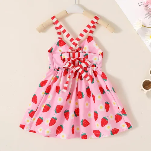 Vista 3 de Falda de verano para niñas pequeñas, vestido sin espalda con tirantes y estampado de helado Fresa