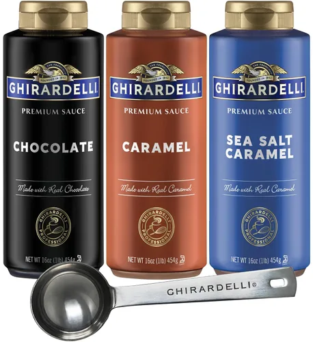 Vista 12 de Ghirardelli 1 - Salsas de caramelo y 2 - salsa de caramelo con sal marina, botellas de presión de 16 oz con cuchara barista estampada