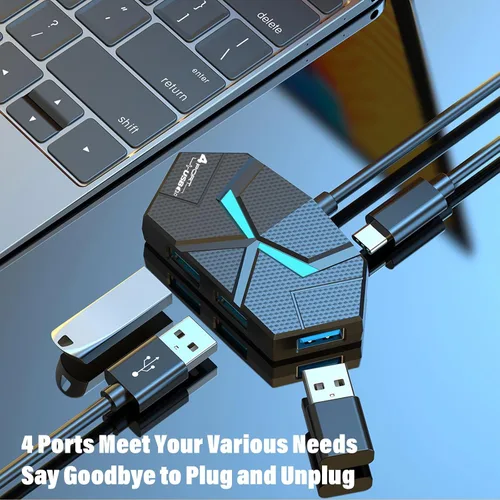 Vista 2 de Concentrador USB con 4 puertos de alimentación/datos, múltiples concentradores USB 3.0 USB 3.0, extensor divisor USB con luces, adaptador