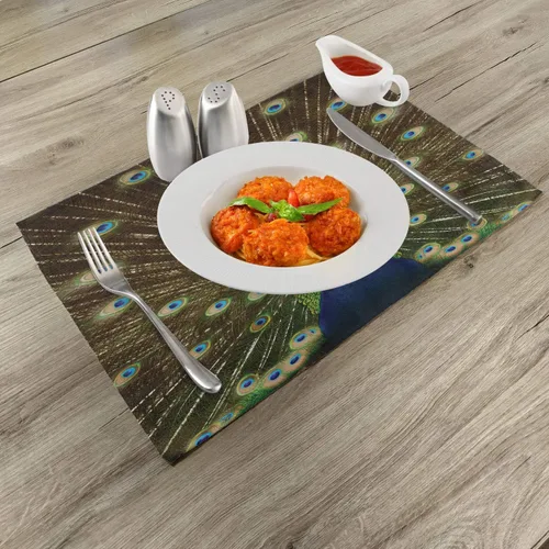 Vista 2 de Ambesonne - Juego de 4 individuales con diseño de retrato de pavo real y sus plumas desplegadas en colores intensos en jardín de verano, hechos
