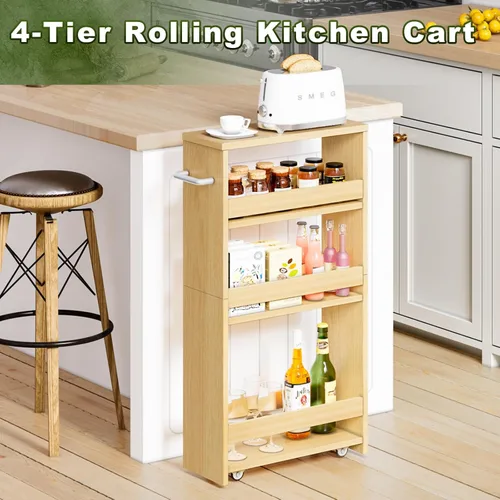 Vista 3 de MARTY Carrito de almacenamiento rodante de 4 niveles, carrito de cocina estrecho con ruedas, carrito de almacenamiento delgado con asa deslizante