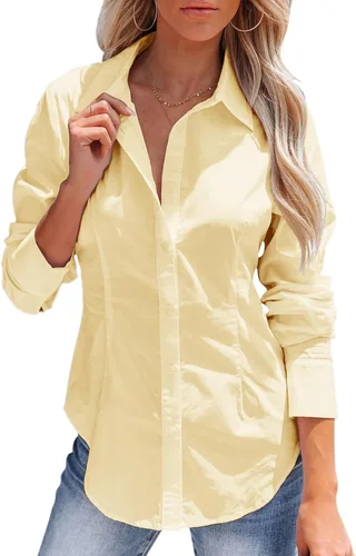 Vista 9 de Camisas con botones para mujer, camisas de vestir de manga larga, sin arrugas, cuello para el trabajo, oficina, blusas sólidas, blusas ajustadas