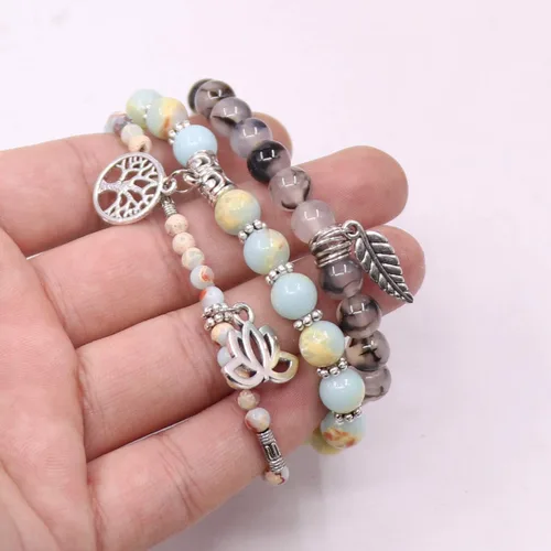 Vista 4 de UEUC - Pulseras Reiki, apilables, de piedras curativas, cristales, con dije del árbol de la vida, yoga y hoja de loto, contra la ansiedad