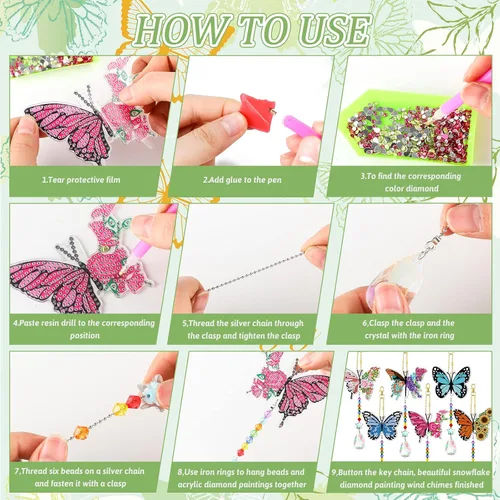 Vista 5 de Tradder Juego de 6 carillones de viento con diseño de diamantes de mariposa, decoración de árbol de verano, adornos de pintura de diamante 5D
