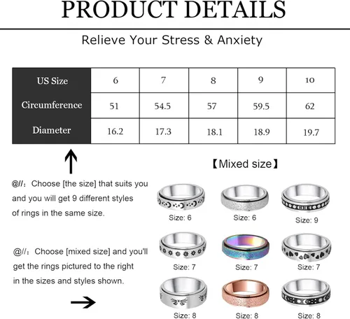Vista 2 de DICOINA 9Pcs Stainless Steel Fidget Rings for Women Men Spinner Anxiety Rings Moon Star Matching Rings Wedding Promise Band Rings Size5-10