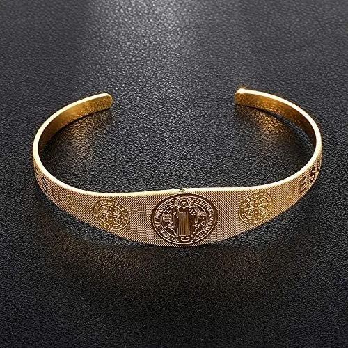 Vista 3 de Brazalete de acero inoxidable con cruz de exorcismo católica Jesús San Benito
