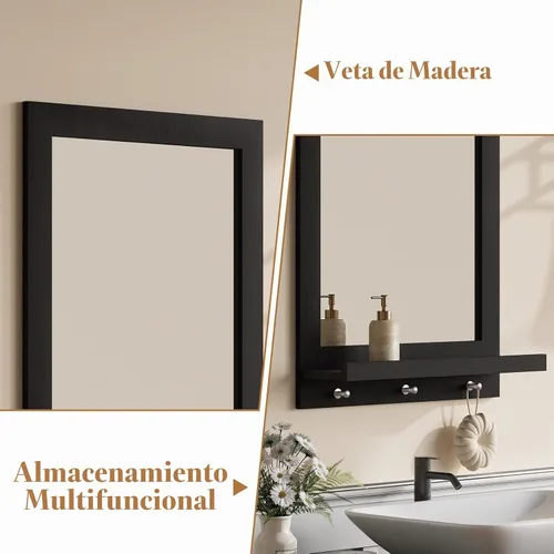 Vista 4 de ARTPOWER Espejo de pared de madera de 24 x 18.5 pulgadas con estante, espejo rectangular de pasillo con ganchos, espejos de pared colgantes
