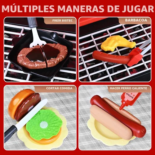 Vista 3 de Juguetes de cocina para niños, juego de parrilla de barbacoa para niños con humo, sonido y luz, juguete de barbacoa de 2 niveles con rueda, juguetes