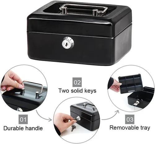 Vista 4 de Decaller - Caja de dinero pequeña con cerradura de llave, caja de dinero de metal portátil con doble capa y 2 llaves para seguridad, negro, 6 x 4