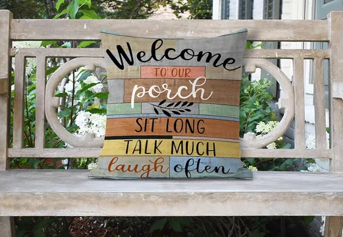 Vista 3 de Fundas de almohada para porche con reglas de porche impermeables, bienvenida a nuestro porche, fundas de almohada para patio, para sofá, banco Marrón