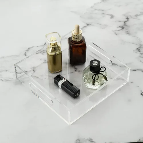 Vista 4 de KEVLANG Bandeja de acrílico transparente resistente con asas, bandeja organizadora de encimera de 8 x 8 x 2 pulgadas de alto para cocina, baño