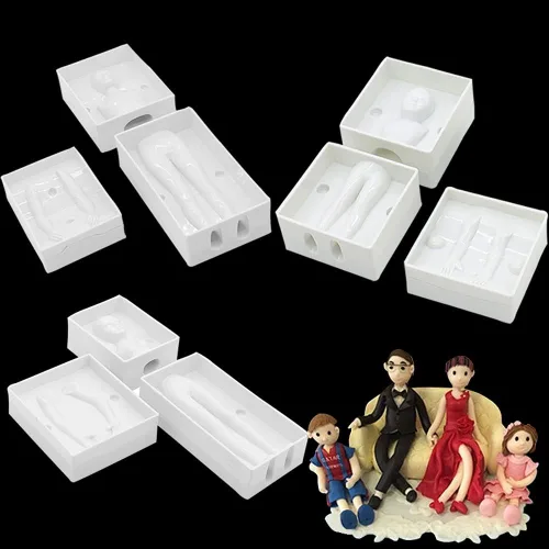 Vista 2 de Juego de 3 moldes de plástico para fondant humano 3D, hombre, mujer, niños, muñeca, cuerpo, brazo, pierna, polímero, plantillas de bricolaje