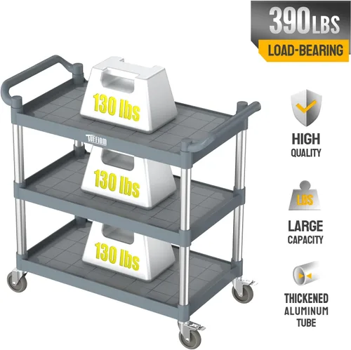 Vista 14 de TUFFIOM Carrito de servicio de plástico de 3 niveles con ruedas, resistente capacidad de 390 libras, rodante comercial, ideal para restaurantes